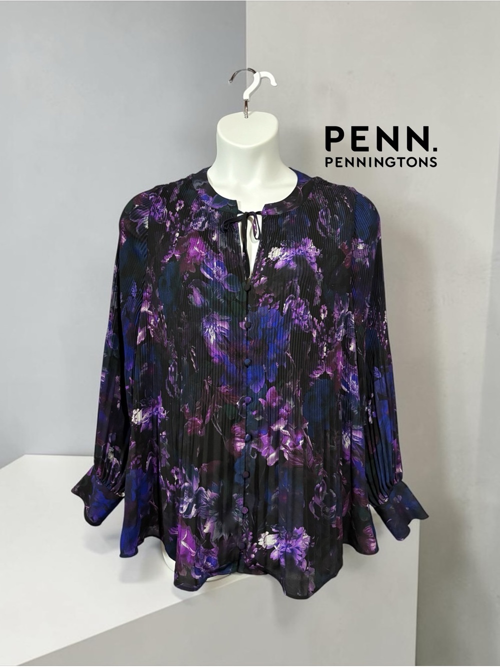 NEW, Penningtons, 2X Pleated Floral Blouse Purple Black Long Sleeve Plus Size